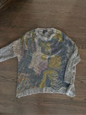 Distressed, Lightweight, Multicolor Knit Crewneck Sweater